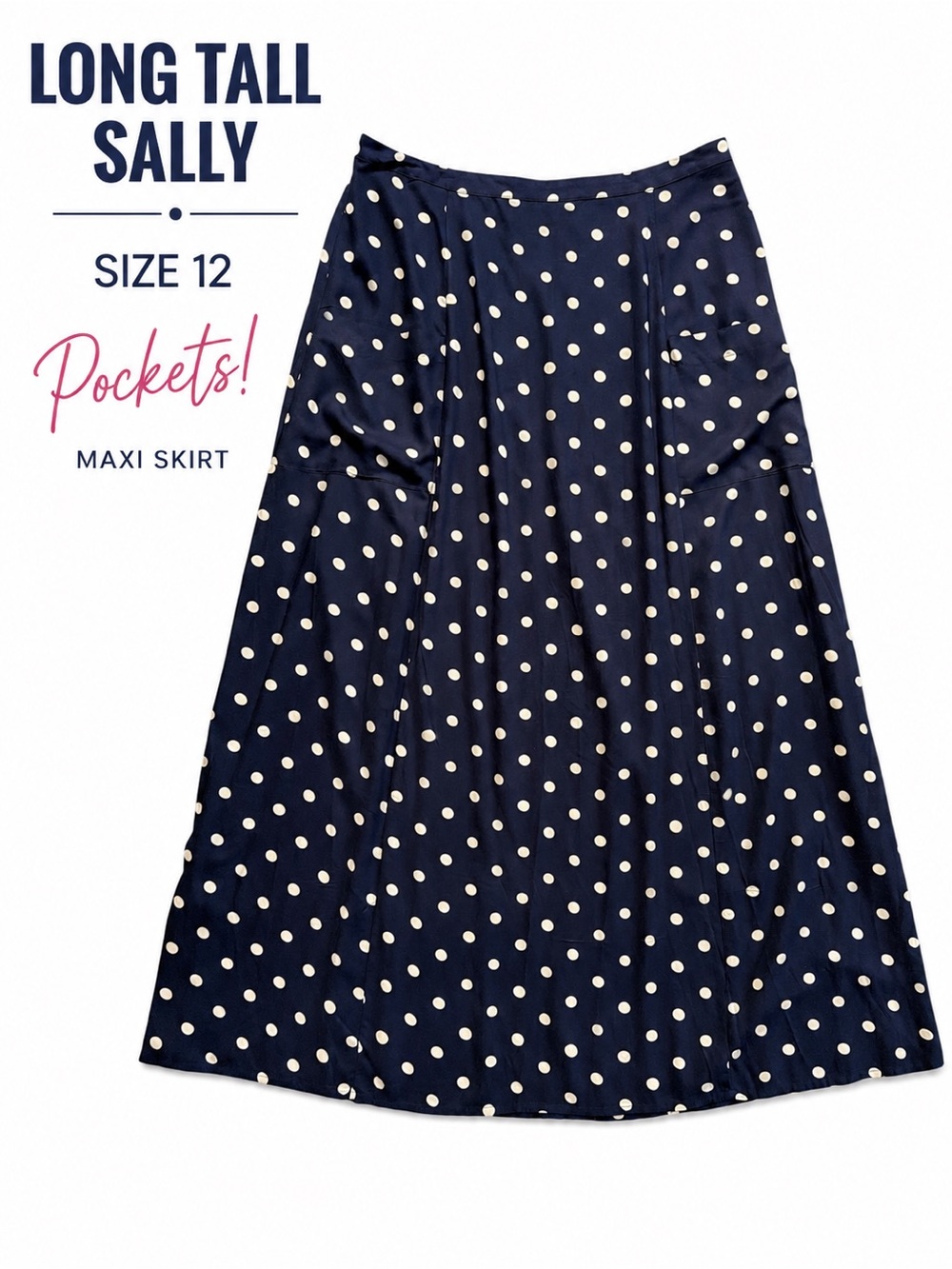 Long Tall Sally Navy and White Polka Dot Maxi Skirt Size 12 Tall A-Line Pockets